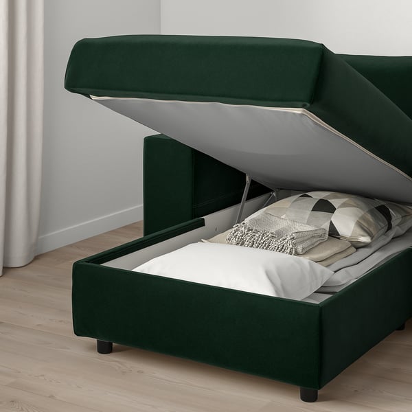 VIMLE - 3-seater sofa with chaise-longue, wide armrests/Djuparp dark green ,