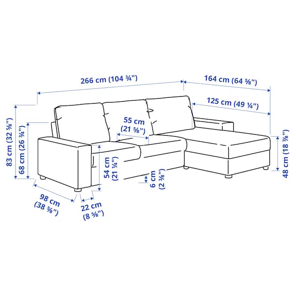 VIMLE - 3-seater sofa with chaise-longue, with wide armrests/Hillared beige ,