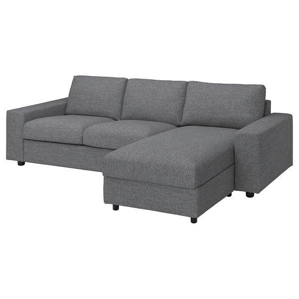 VIMLE - 3-seater sofa with chaise-longue, with wide armrests/Lejde grey/black ,