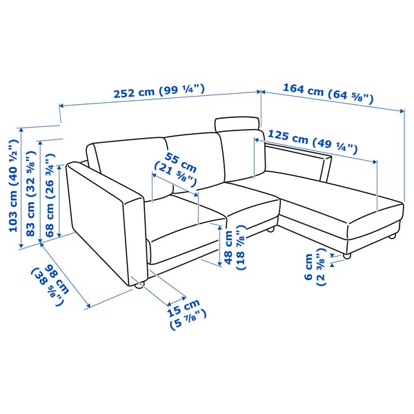 VIMLE 3-seater sofa with chaise-longue - with headrest/gunnared smoke grey ,