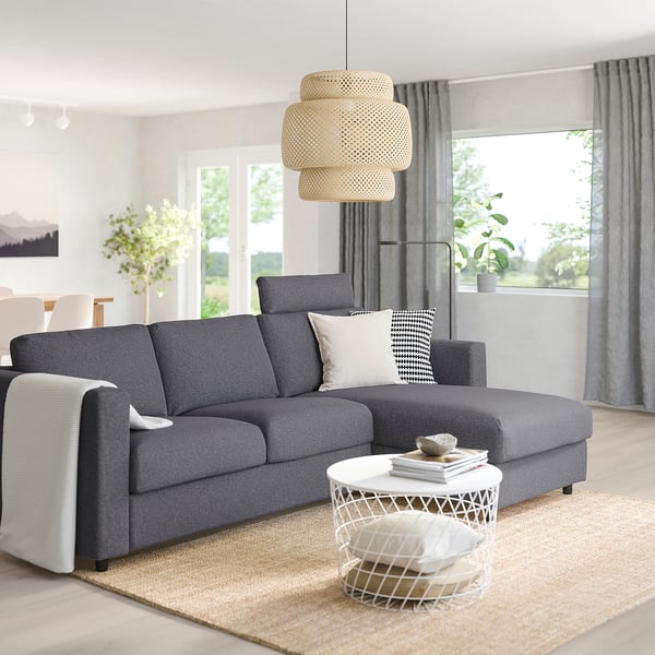VIMLE 3-seater sofa with chaise-longue - with headrest/gunnared smoke grey ,