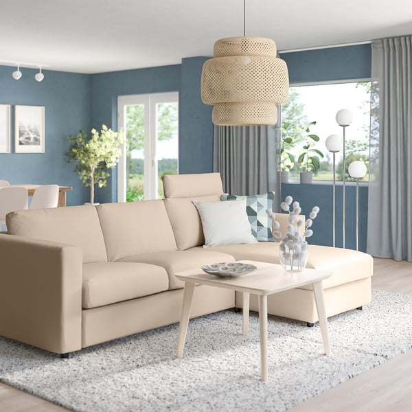 VIMLE 3-seat sofa with chaise longue, with headrest/Hallarp beige, 252 cm
