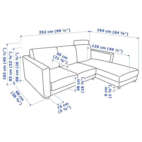 Ikea VIMLE - 3-seater sofa with chaise-longue and headrest/Hillared beige ,