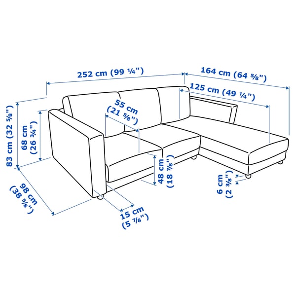 VIMLE 3-seat sofa, with chaise longue/Lejde grey/black, 252 cm