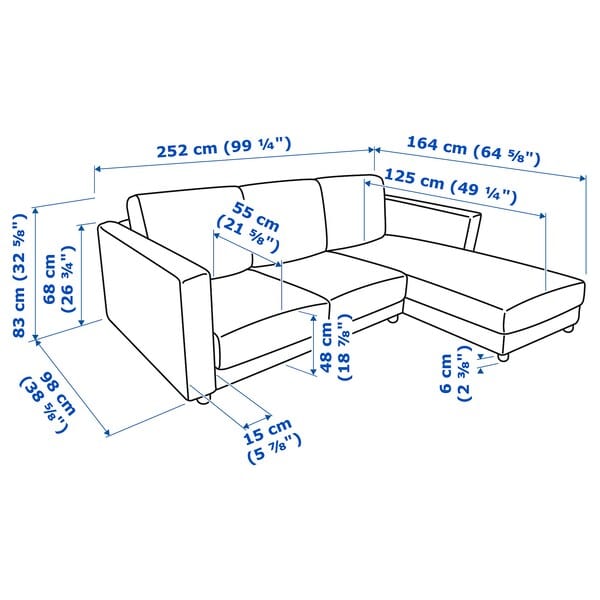 Ikea VIMLE 3 seater sofa with chaise-longue - Saxemara blue ,