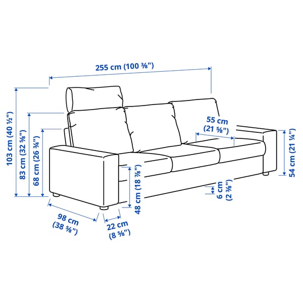 VIMLE 3-seat sofa, with headrest with wide armrests/Gunnared medium grey, 211x54x98 cm