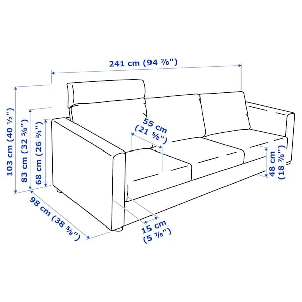 Ikea VIMLE 3-seater sofa - with headrest/Smoke grey Gunnared ,