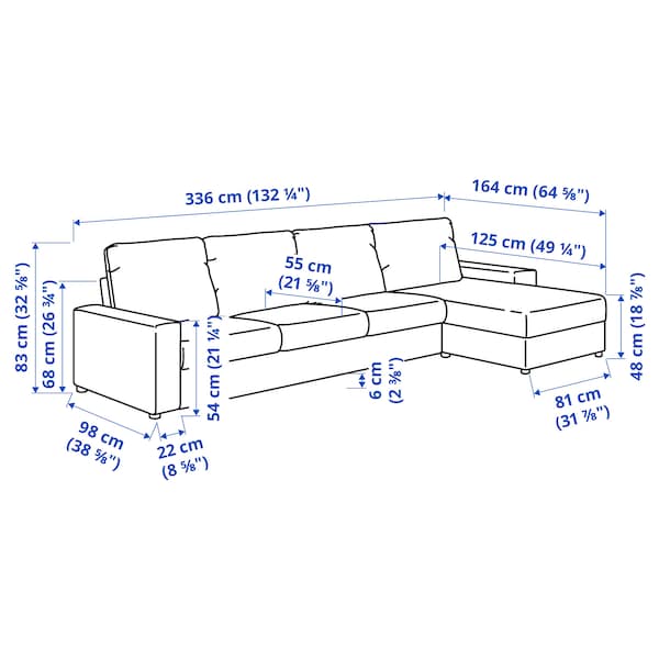 VIMLE - 4-seater sofa with chaise-longue, with wide armrests/Hillared beige ,