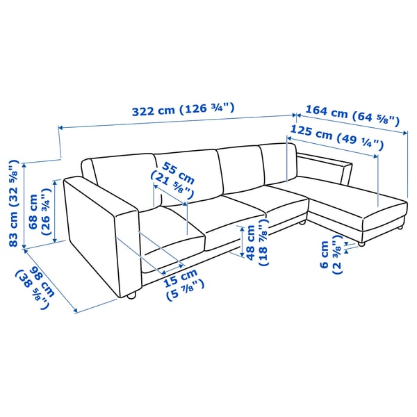 VIMLE 4-seat sofa, with chaise longue/Djuparp dark grey, 322 cm