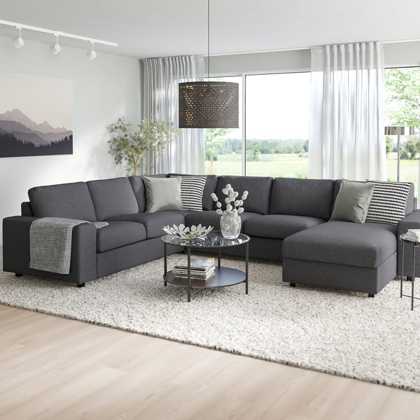 VIMLE corner sofa, 5-seat w chaise longue, with wide armrests/Gunnared medium grey