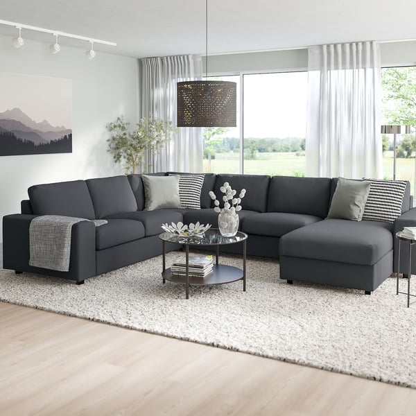 VIMLE corner sofa, 5-seat w chaise longue, with wide armrests/Hallarp grey