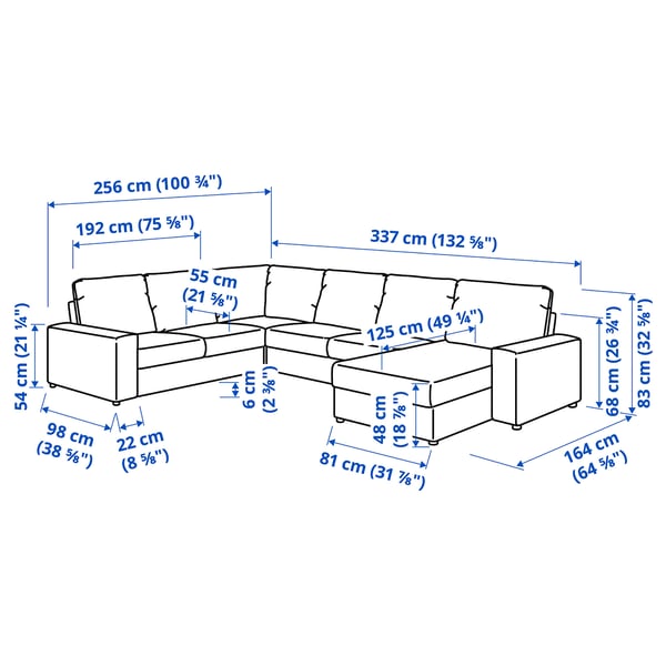 VIMLE corner sofa, 5-seat w chaise longue, with wide armrests/Hillared anthracite, 15x68x98 cm