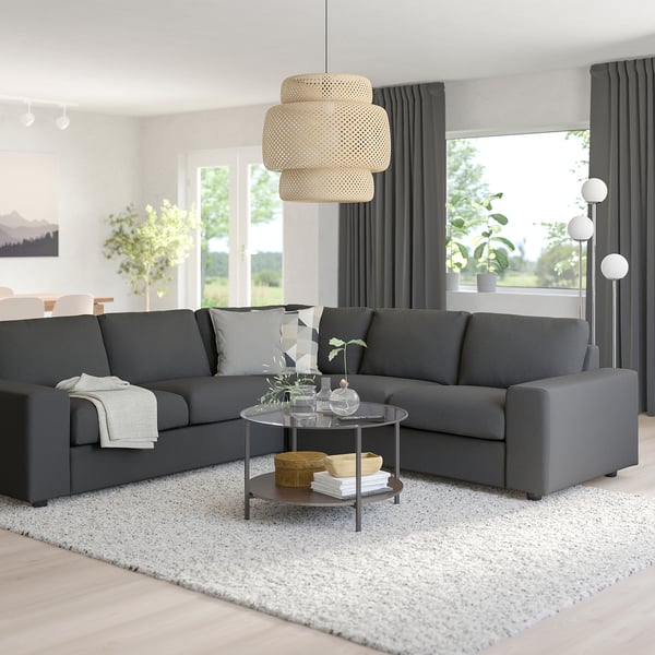 VIMLE corner sofa, 4-seat, with wide armrests/Hallarp grey