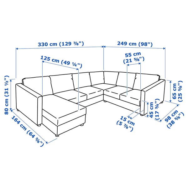 VIMLE corner sofa, 5-seat, with chaise longue/Grann/Bomstad black, 15x65x98 cm