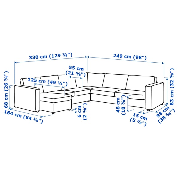 VIMLE corner sofa, 5-seat, with chaise longue/Hallarp grey, 15x68x98 cm