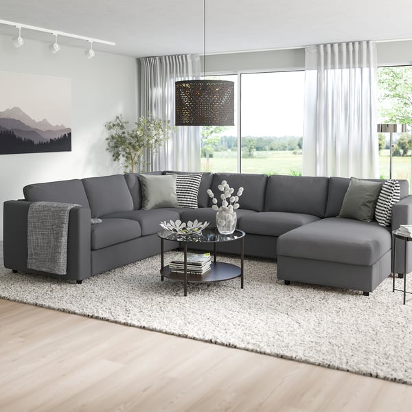 VIMLE corner sofa, 5-seat, with chaise longue/Hallarp grey