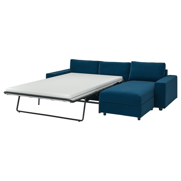 VIMLE 3-seat sofa-bed with chaise longue, with wide armrests/Djuparp dark green-blue, 285 cm