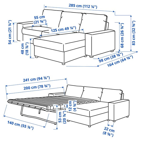 VIMLE 3-seat sofa-bed with chaise longue, with wide armrests/Hallarp beige, 285 cm