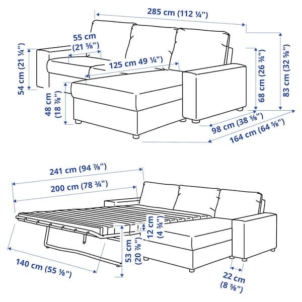 Ikea VIMLE - 3-seater sofa bed/chaise-longue, with wide arms/Hillared beige