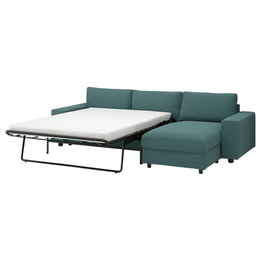 VIMLE 3-seat sofa-bed with chaise longue, with wide armrests/Kelinge grey-turquoise, 285 cm