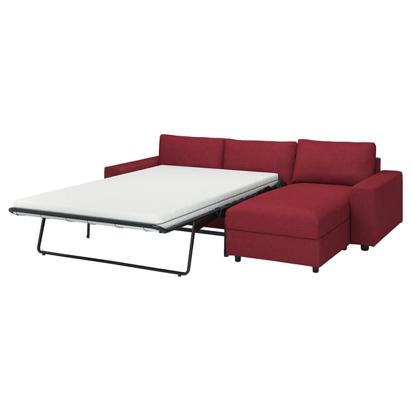 VIMLE 3-seat sofa-bed with chaise longue, with wide armrests/Lejde red/brown, 200x140 cm