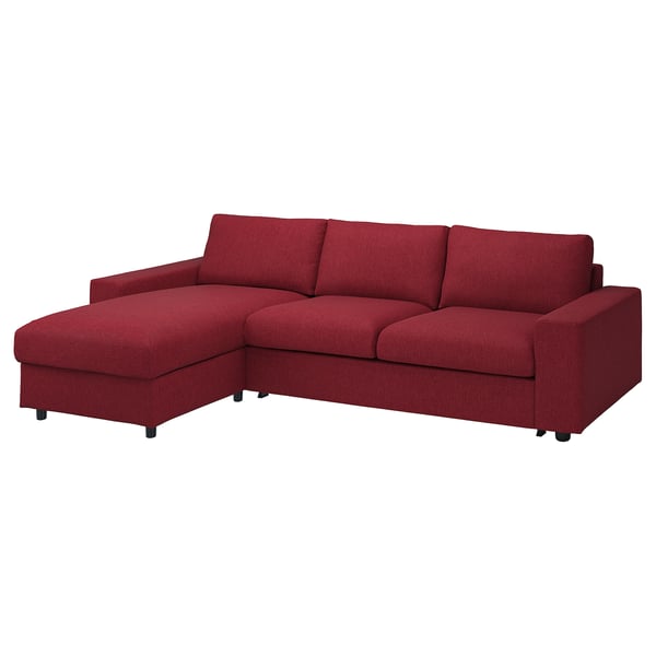 VIMLE 3-seat sofa-bed with chaise longue, with wide armrests/Lejde red/brown, 200x140 cm