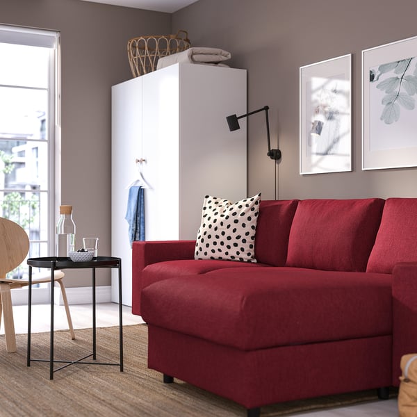 VIMLE 3-seat sofa-bed with chaise longue, with wide armrests/Lejde red/brown, 285 cm