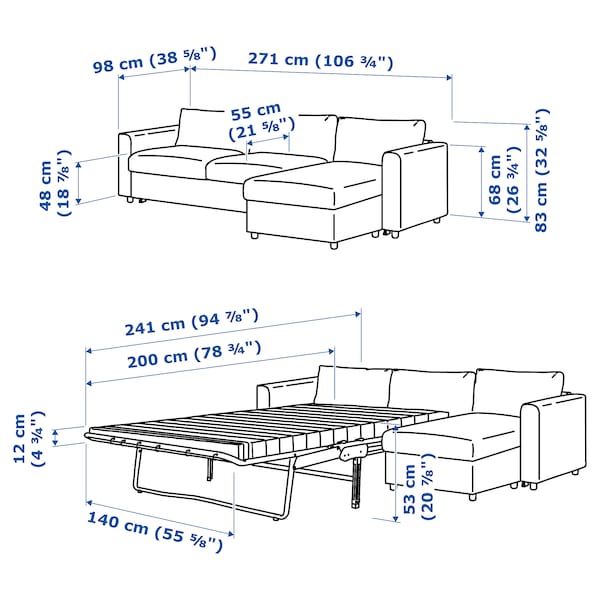 VIMLE Sofa bed 3 seater/chaise-longue - Grann/Bomstad black ,