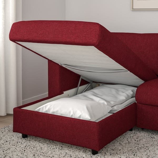 VIMLE - 3-seater sofa bed/chaise-longue, Lejde red/brown ,