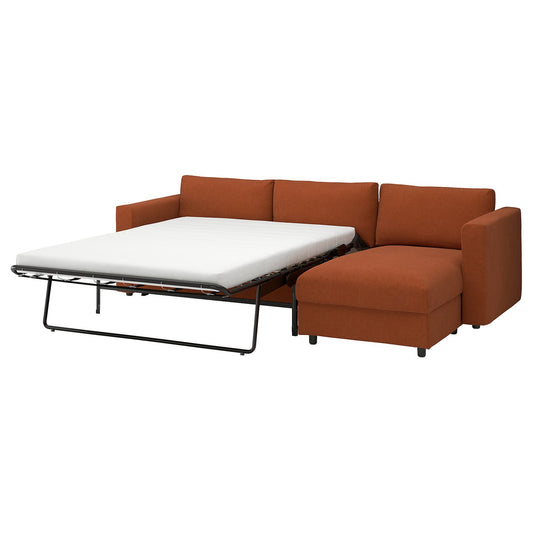 VIMLE 3-seat sofa-bed with chaise longue, Mosshed red-brown, 271 cm