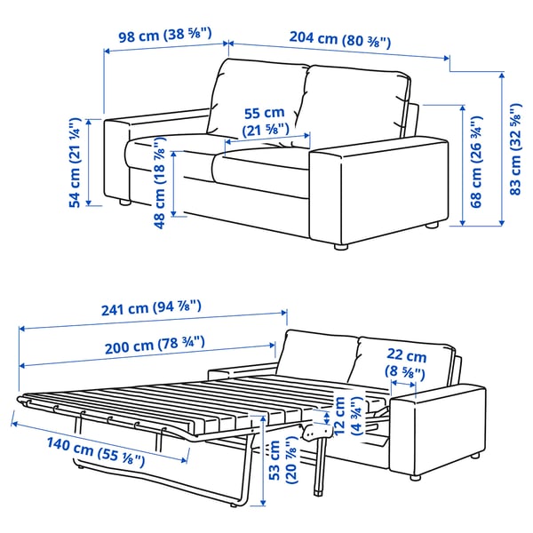 VIMLE 2-seat sofa-bed, with wide armrests/Djuparp dark green-blue, 204 cm
