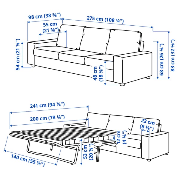 VIMLE 3-seat sofa-bed, with wide armrests/Hillared dark blue, 200x140 cm