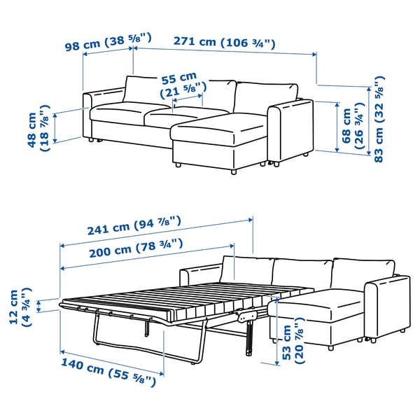 VIMLE 3-seat sofa-bed, with chaise longue/Djuparp dark green-blue, 271 cm