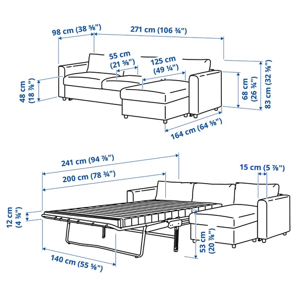 VIMLE - 3-seater sofa bed, with chaise-longue/Lejde grey/black ,