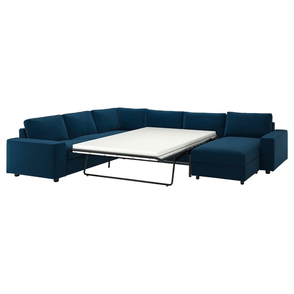 VIMLE crnr sofa-bed, 5-seat w chaise lng, with wide armrests/Djuparp dark green-blue, 200x140 cm