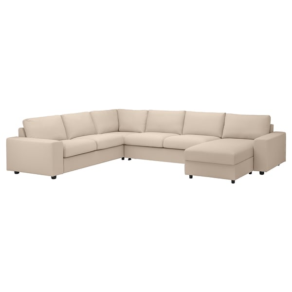 VIMLE crnr sofa-bed, 5-seat w chaise lng, with wide armrests/Hallarp beige, 200x140 cm