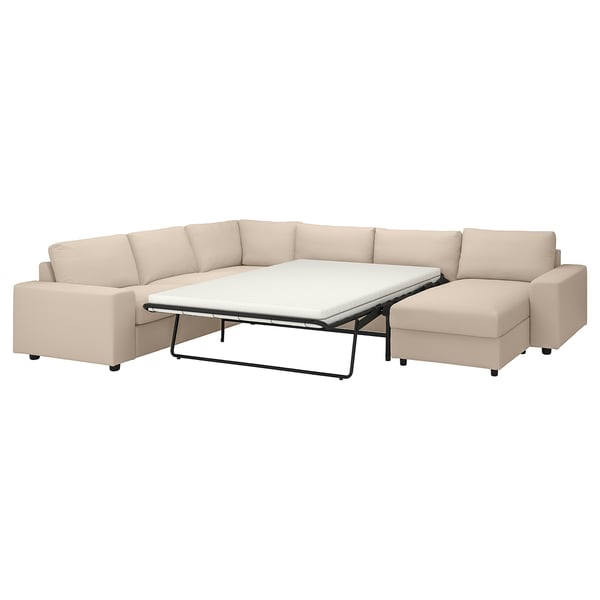 VIMLE crnr sofa-bed, 5-seat w chaise lng, with wide armrests/Hallarp beige, 200x140 cm