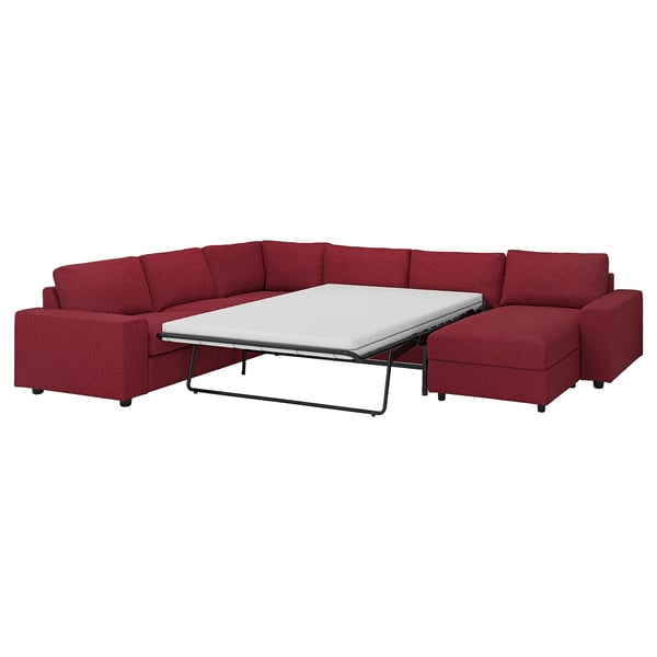 VIMLE crnr sofa-bed, 5-seat w chaise lng, with wide armrests/Lejde red/brown, 200x140 cm