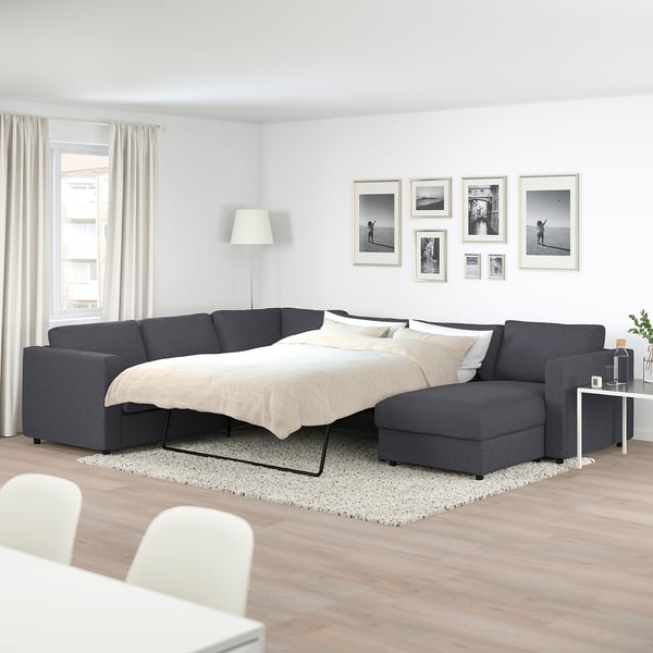 VIMLE crnr sofa-bed, 5-seat w chaise lng, Gunnared medium grey