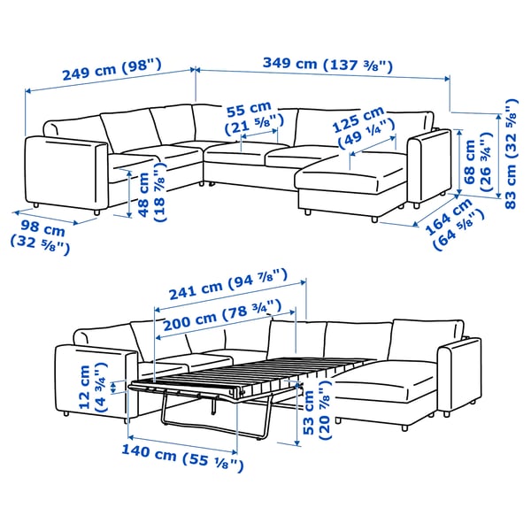 VIMLE corner sofa-bed, 5-seat, with chaise longue/Djuparp dark green-blue, 200x140 cm