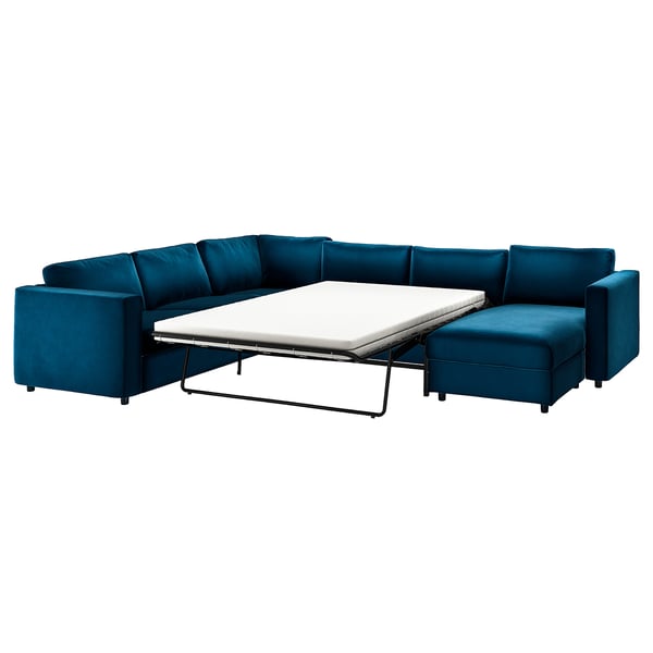 VIMLE corner sofa-bed, 5-seat, with chaise longue/Djuparp dark green-blue, 200x140 cm