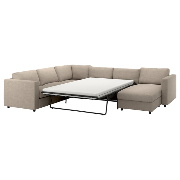 VIMLE corner sofa-bed, 5-seat, with chaise longue/Hillared beige, 200x140 cm