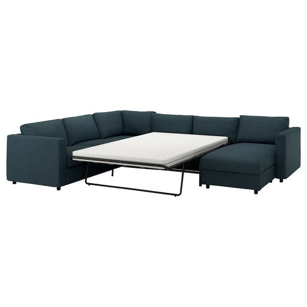 VIMLE corner sofa-bed, 5-seat, with chaise longue/Hillared dark blue, 200x140 cm