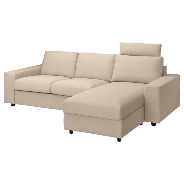 VIMLE cover 3-seat sofa w chaise longue, with wide armrests with headrest/Hallarp beige, 266 cm