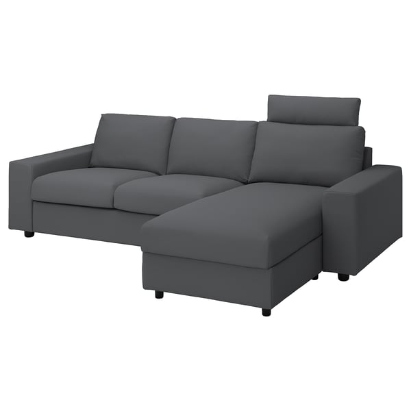 VIMLE cover 3-seat sofa w chaise longue, with wide armrests with headrest/Hallarp grey, 266 cm