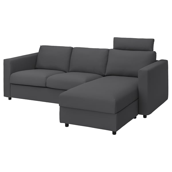VIMLE cover 3-seat sofa w chaise longue, with headrest/Hallarp grey, 252 cm