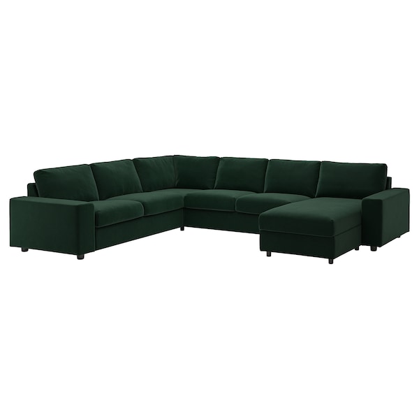 VIMLE - 5-seater ang sofa cover/chaise-l, with wide armrests/Djuparp dark green ,