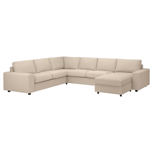 VIMLE - Cover for corner sofa, 5-seater, with chaise longue with wide armrests / Hallarp beige ,