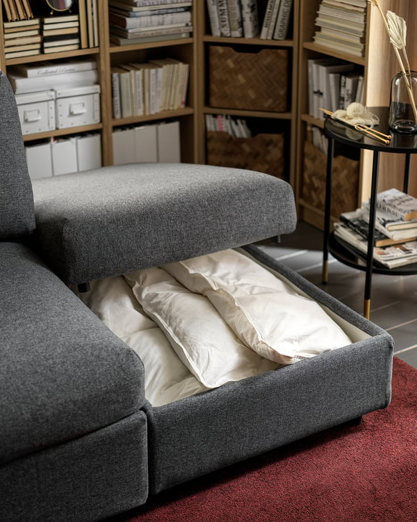 VIMLE footstool with storage, Gunnared medium grey, 98x73 cm
