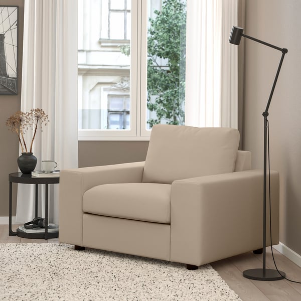 VIMLE armchair, with wide armrests/Hillared beige, 115x83x98 cm